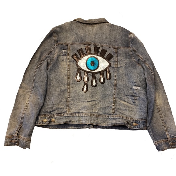 Women's XL Eye Patches Distressed Demin jacket - Picture 3 of 3